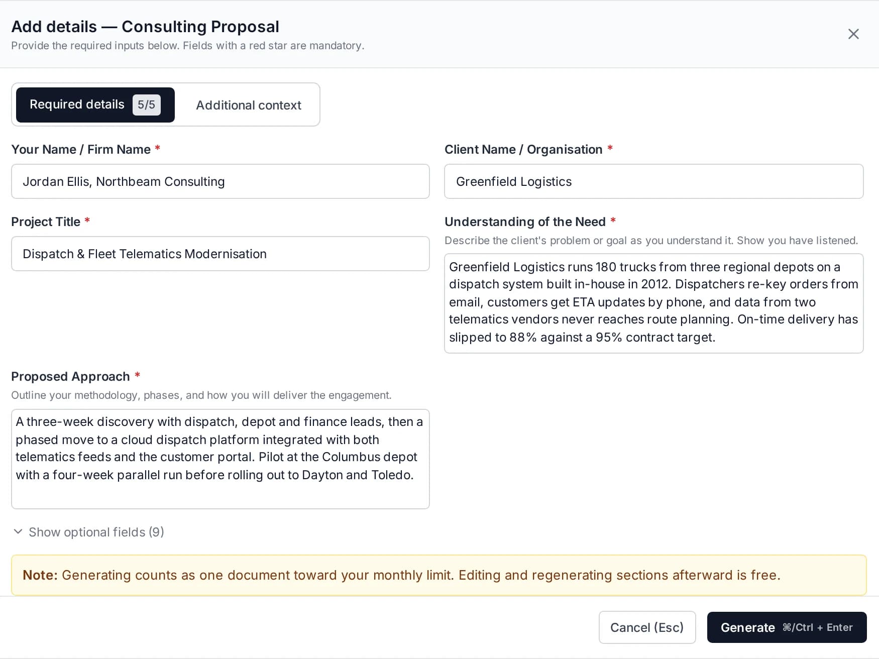 The brief form for a consulting proposal, filled in with Greenfield Logistics project details