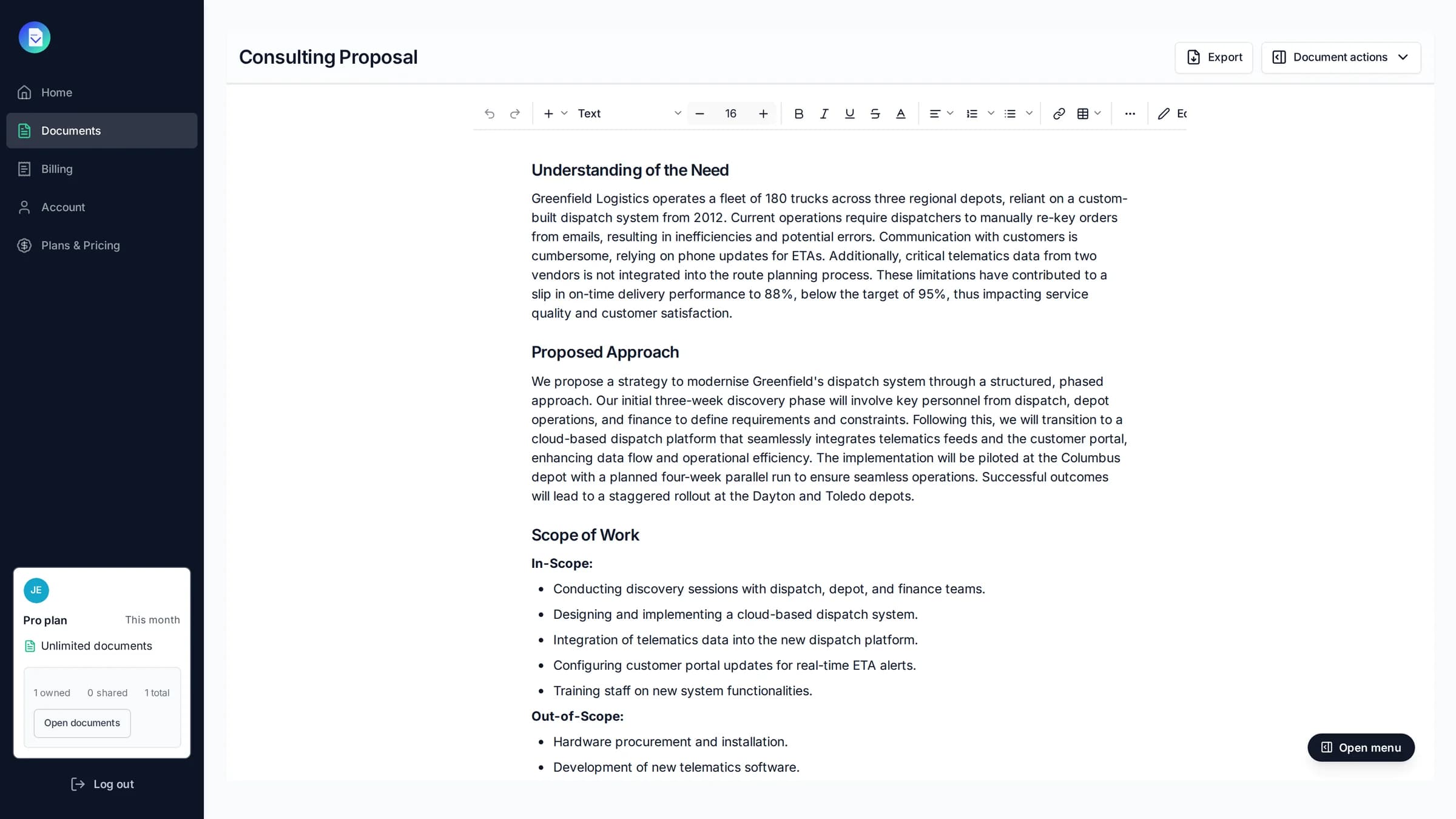 A consulting proposal for Greenfield Logistics drafted in PropellaDocs, open in the editor
