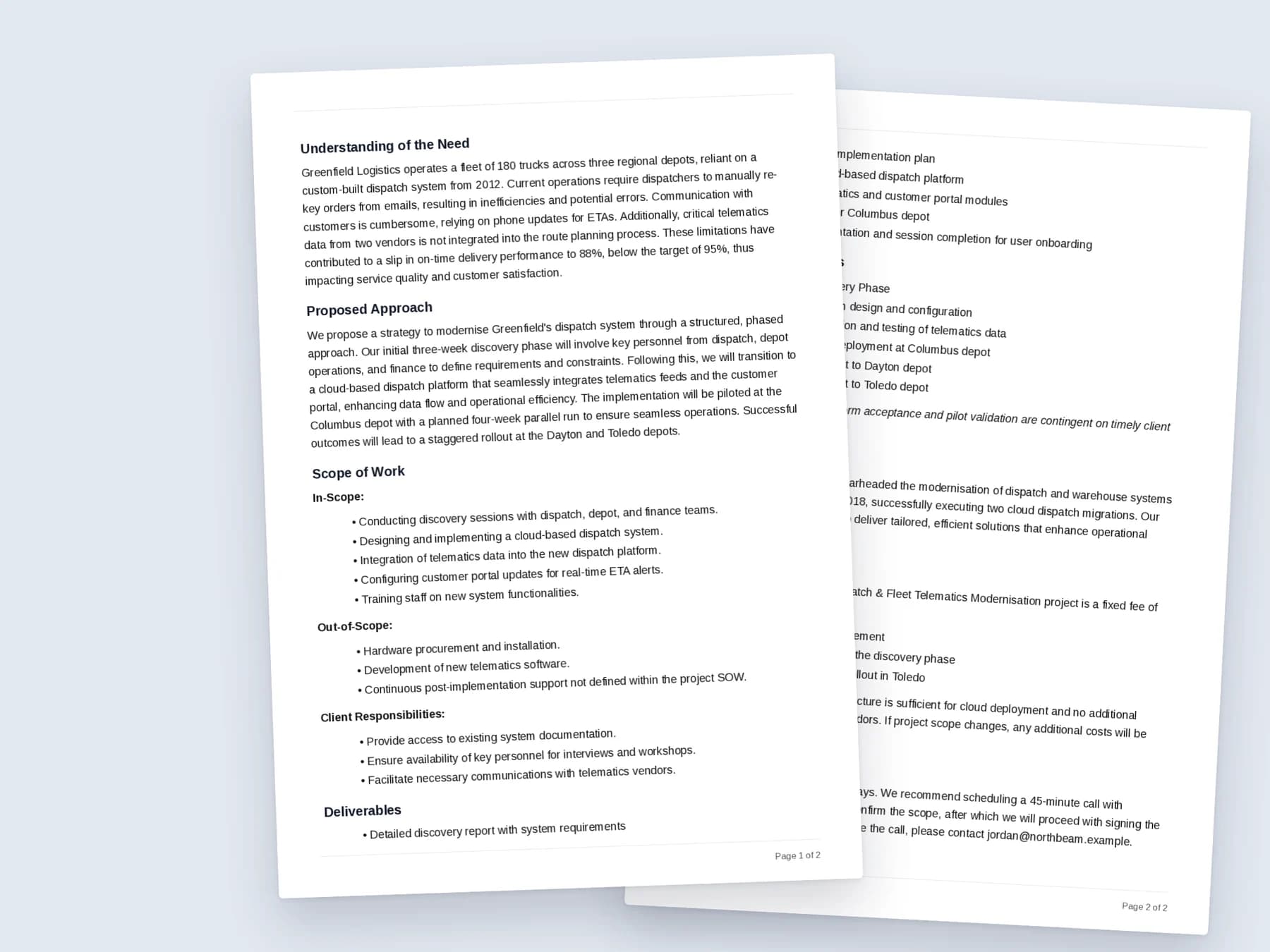 Two pages of the Greenfield Logistics proposal exported as a PDF