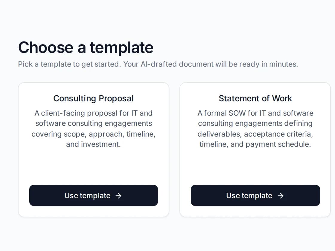 PropellaDocs template picker showing the Consulting Proposal and Statement of Work templates