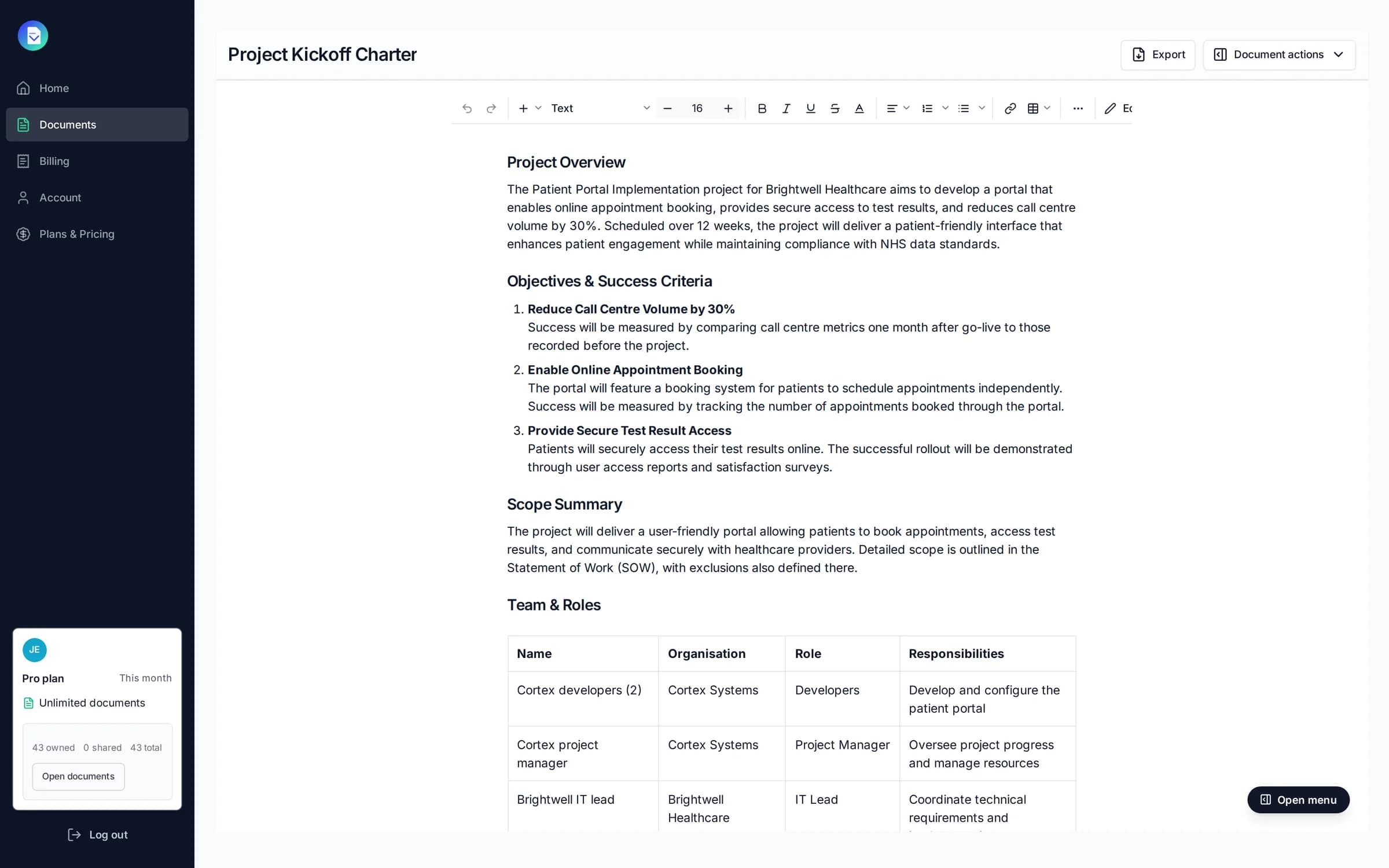 A project kickoff charter for Brightwell Healthcare's patient portal, drafted by PropellaDocs and open in the editor