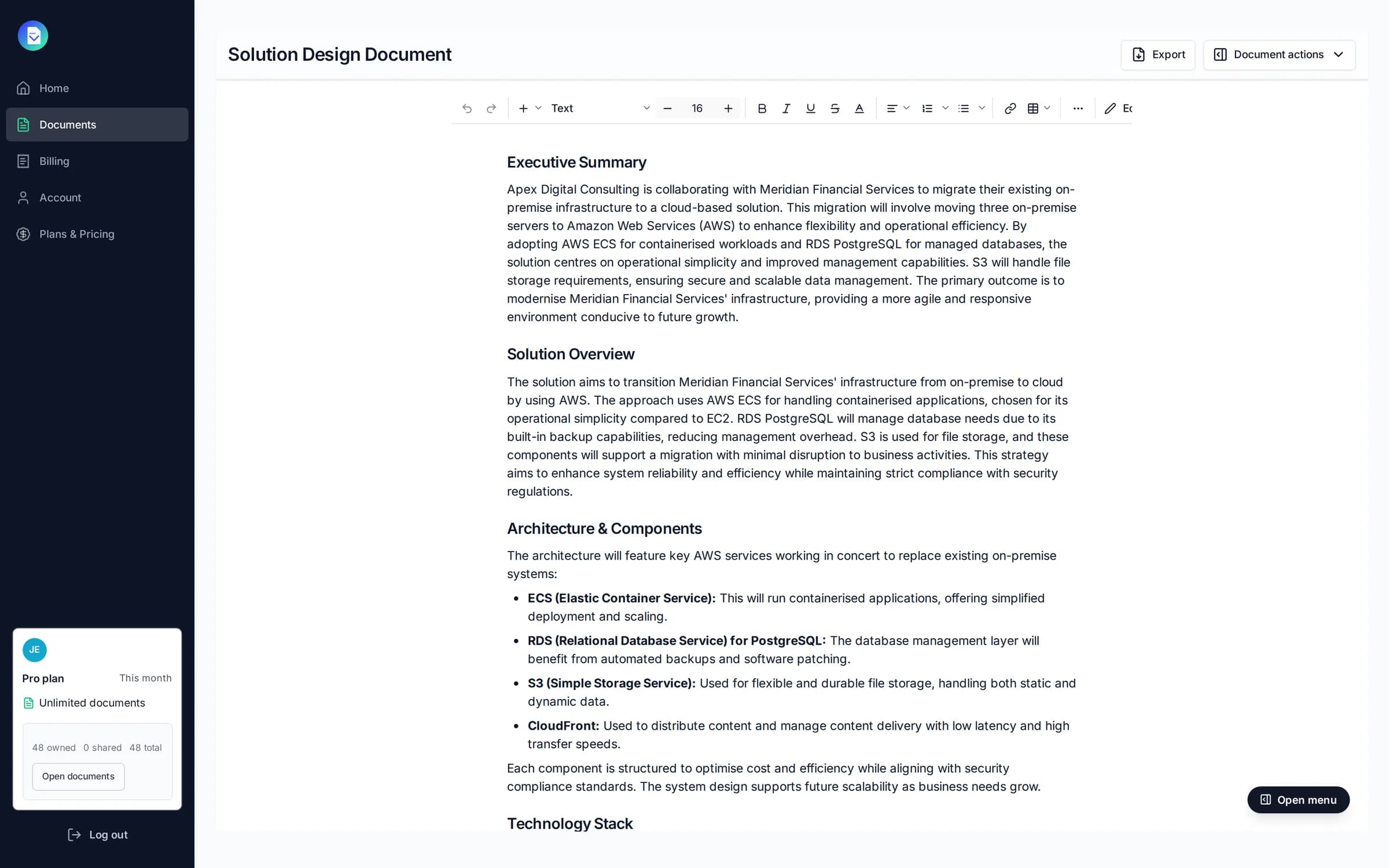 A solution design document for Meridian Financial Services' AWS migration, drafted by PropellaDocs and open in the editor