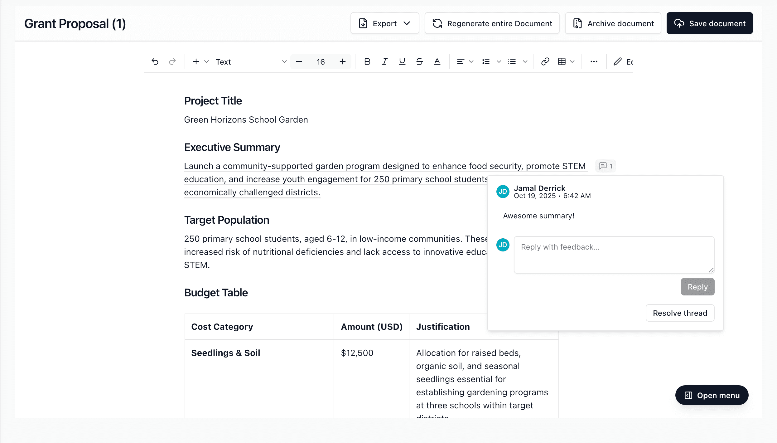 PropellaDocs editor preview showing document drafting workflow