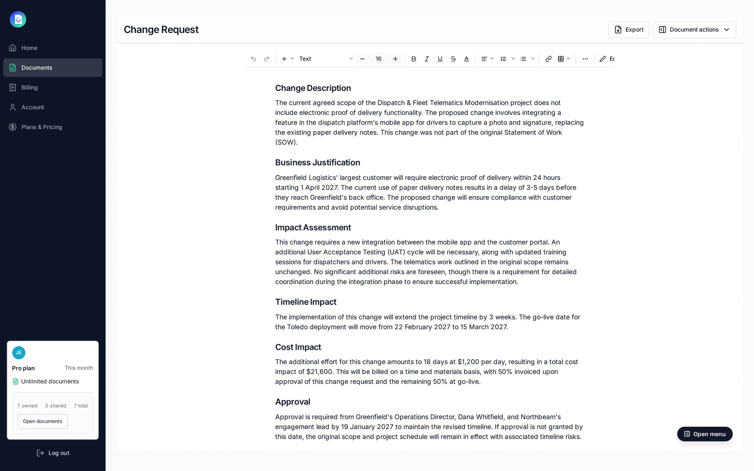A change request for adding electronic proof of delivery, drafted by PropellaDocs and open in the editor