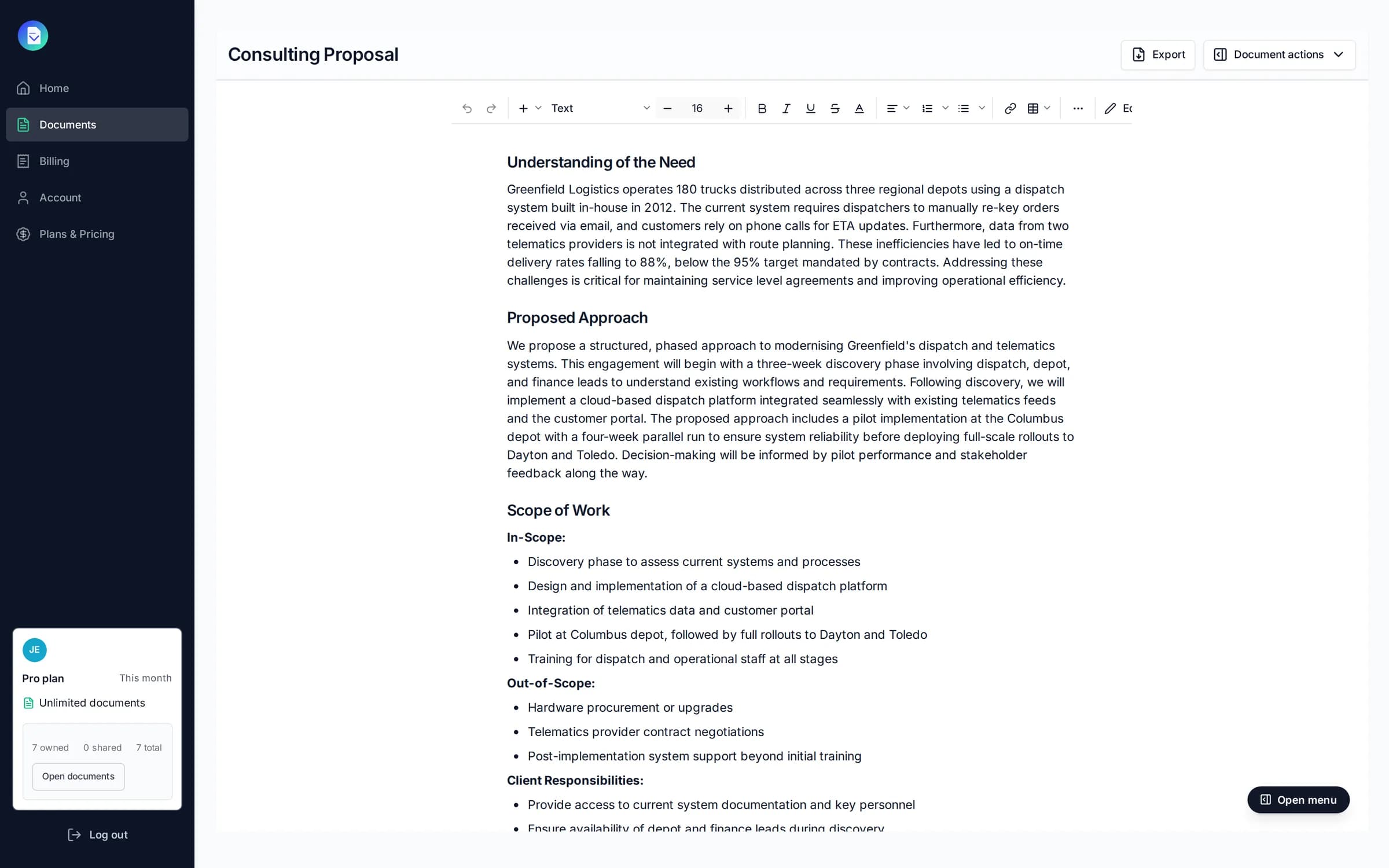 A consulting proposal for Greenfield Logistics' dispatch modernisation, drafted by PropellaDocs and open in the editor