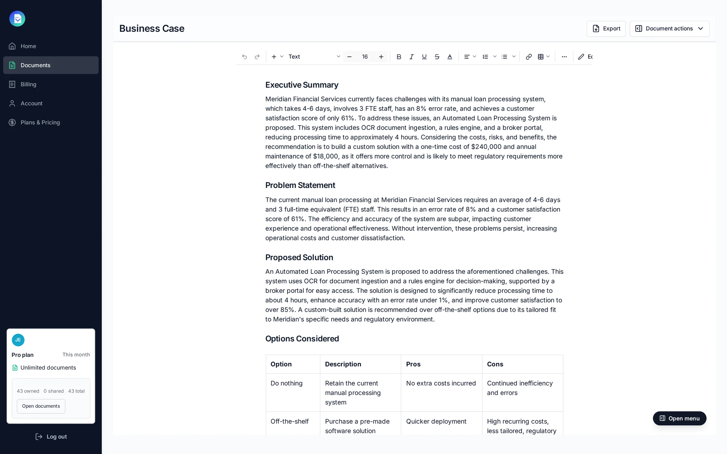 A business case for Meridian Financial Services' automated loan processing system, drafted by PropellaDocs and open in the editor