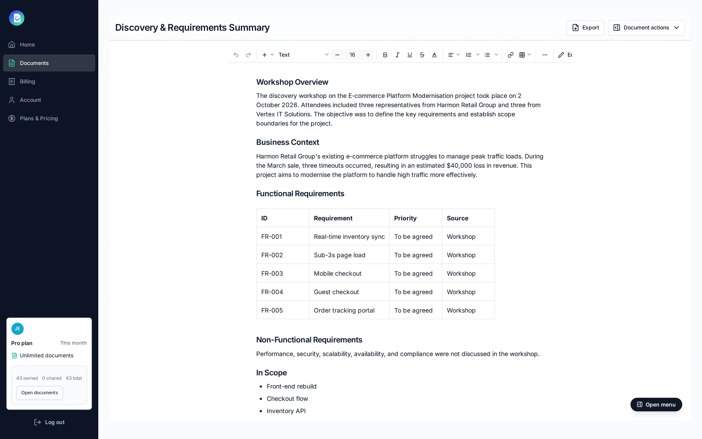 A discovery and requirements summary for Harmon Retail Group's e-commerce platform, drafted by PropellaDocs and open in the editor