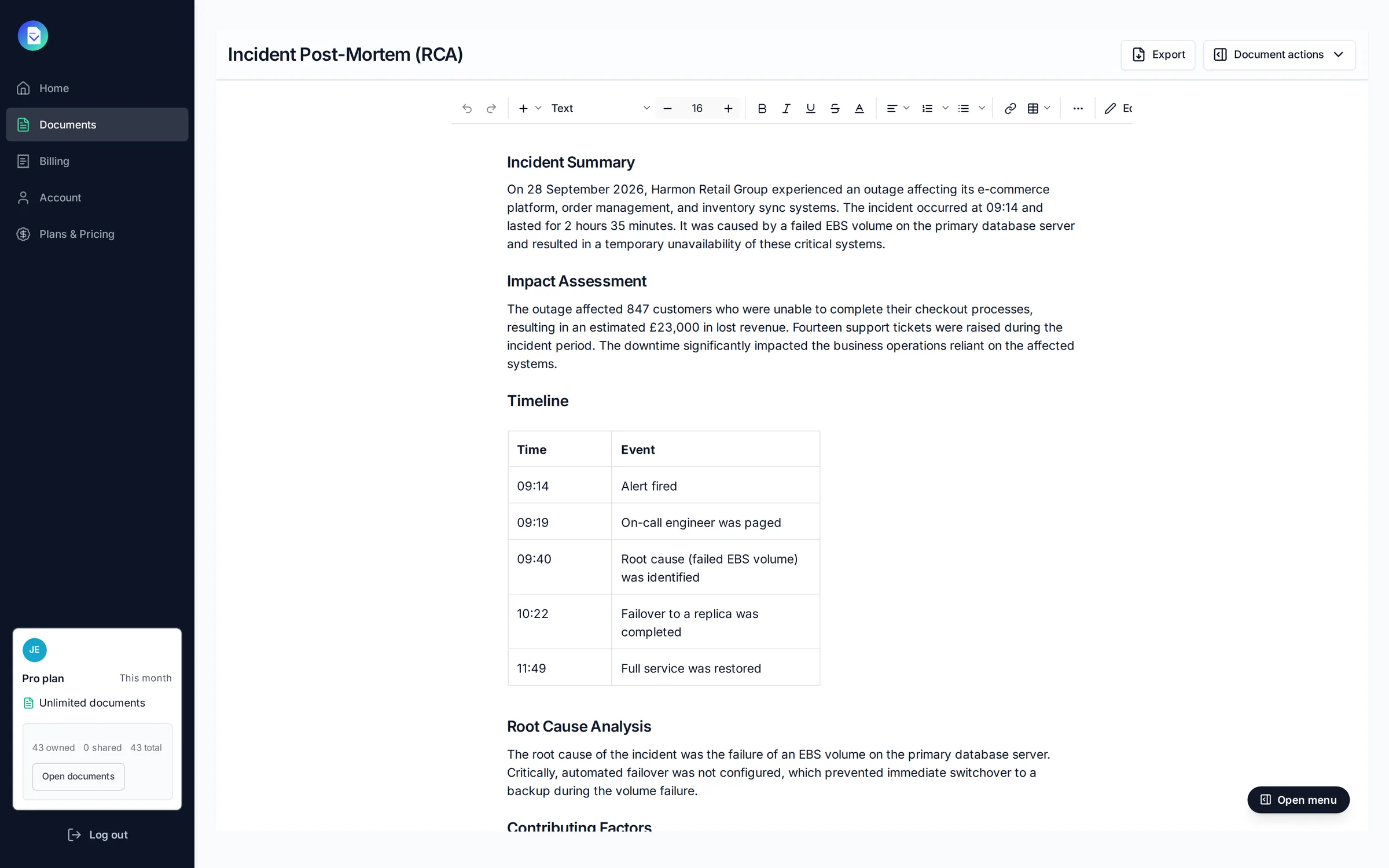An incident post-mortem for Harmon Retail Group's database outage, drafted by PropellaDocs and open in the editor