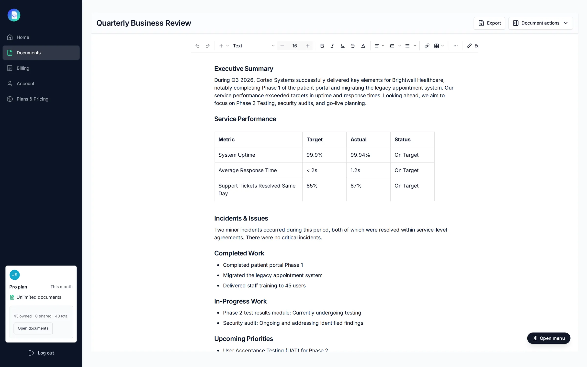 A quarterly business review for Brightwell Healthcare with a service performance table, drafted by PropellaDocs and open in the editor