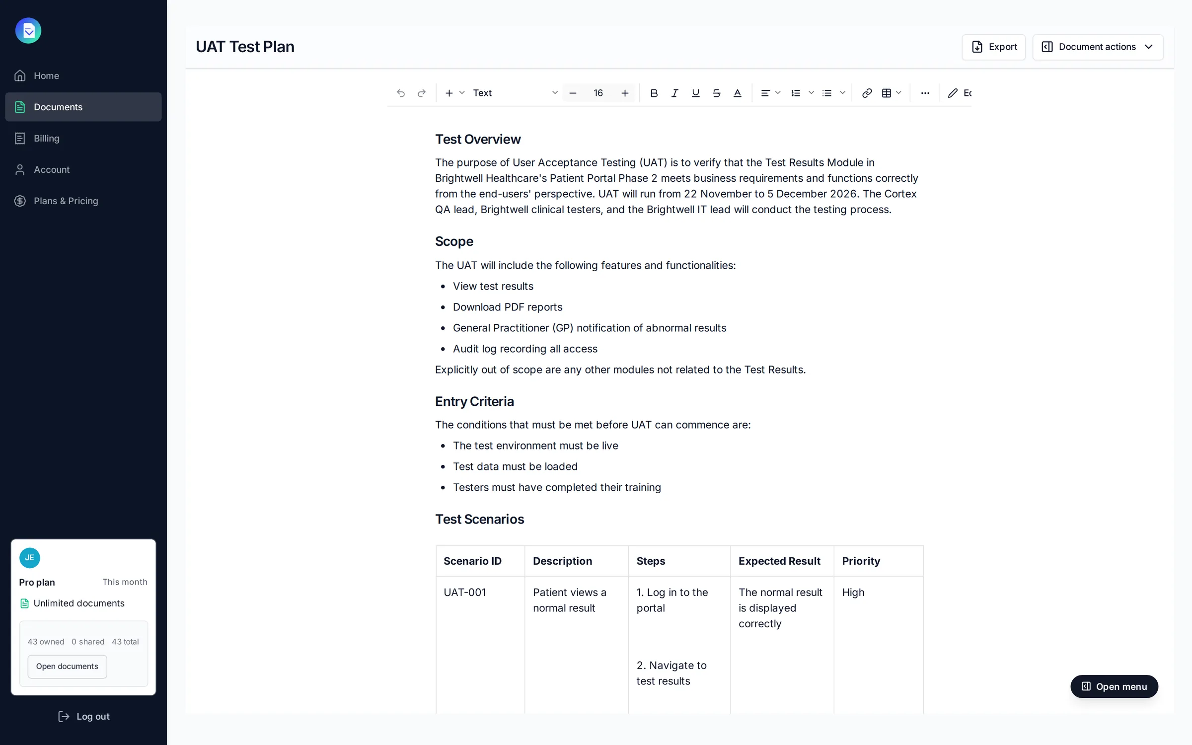 A UAT test plan for Brightwell Healthcare's test results module, drafted by PropellaDocs and open in the editor