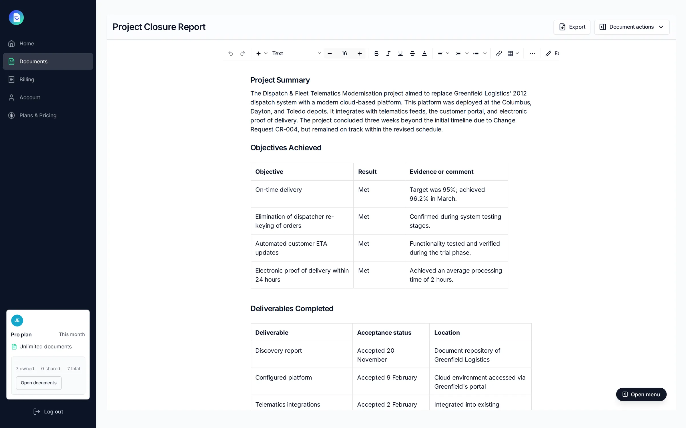 A project closure report with objectives and deliverables tables for Greenfield Logistics, drafted by PropellaDocs and open in the editor