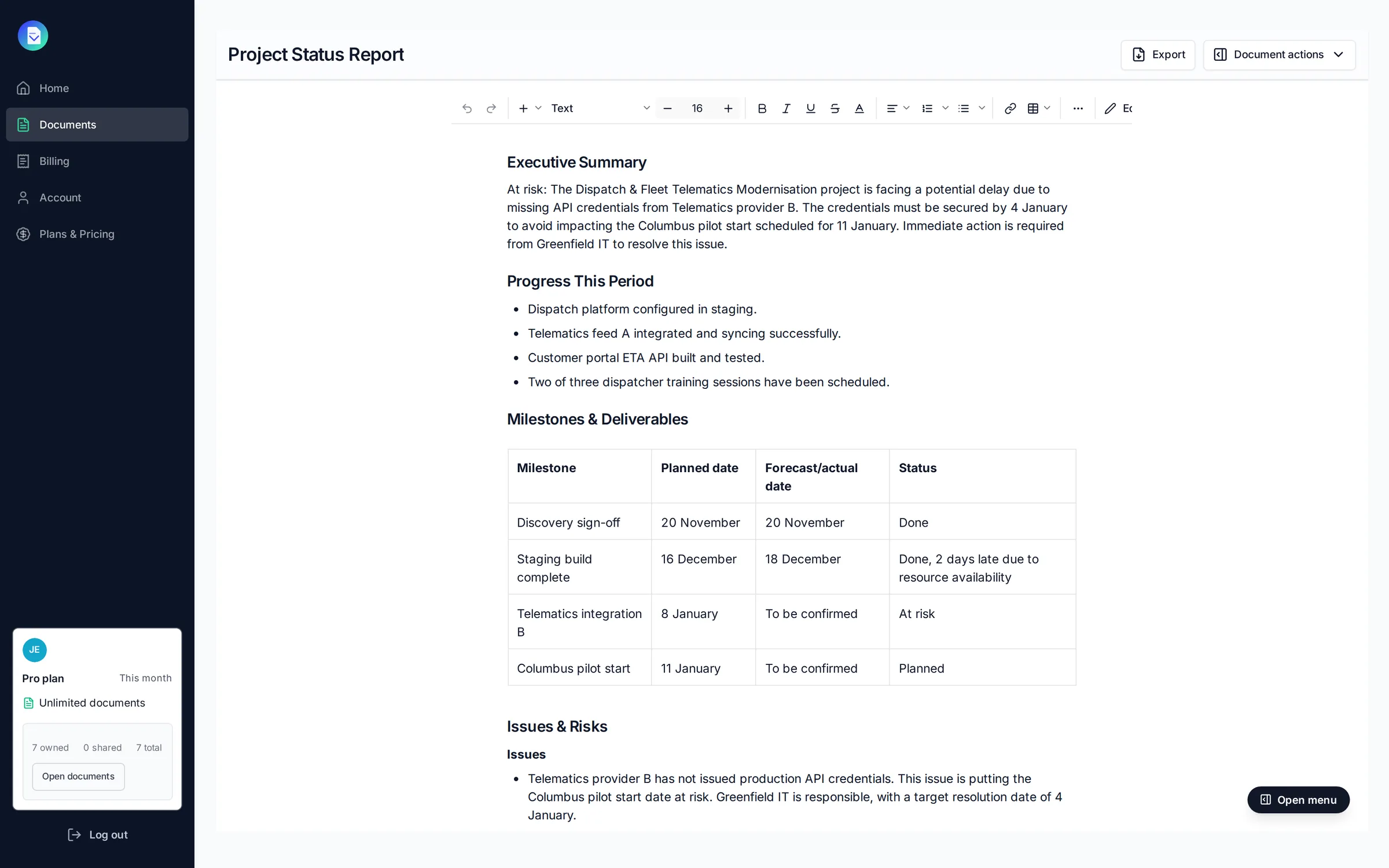 A project status report with a milestone table for Greenfield Logistics, drafted by PropellaDocs and open in the editor