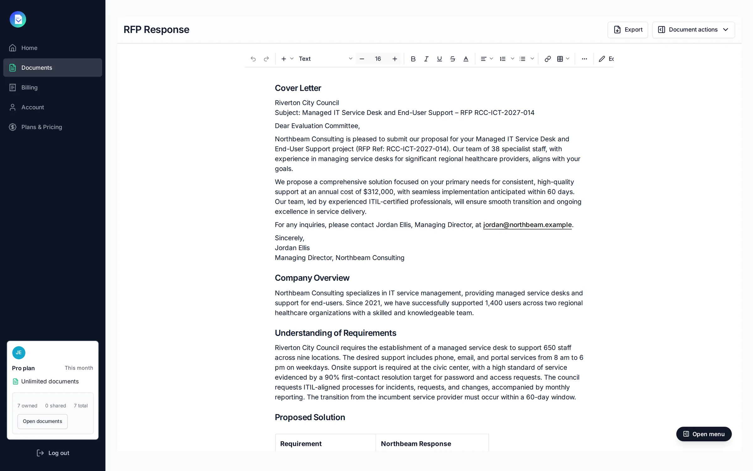An RFP response for Riverton City Council's managed service desk, drafted by PropellaDocs and open in the editor
