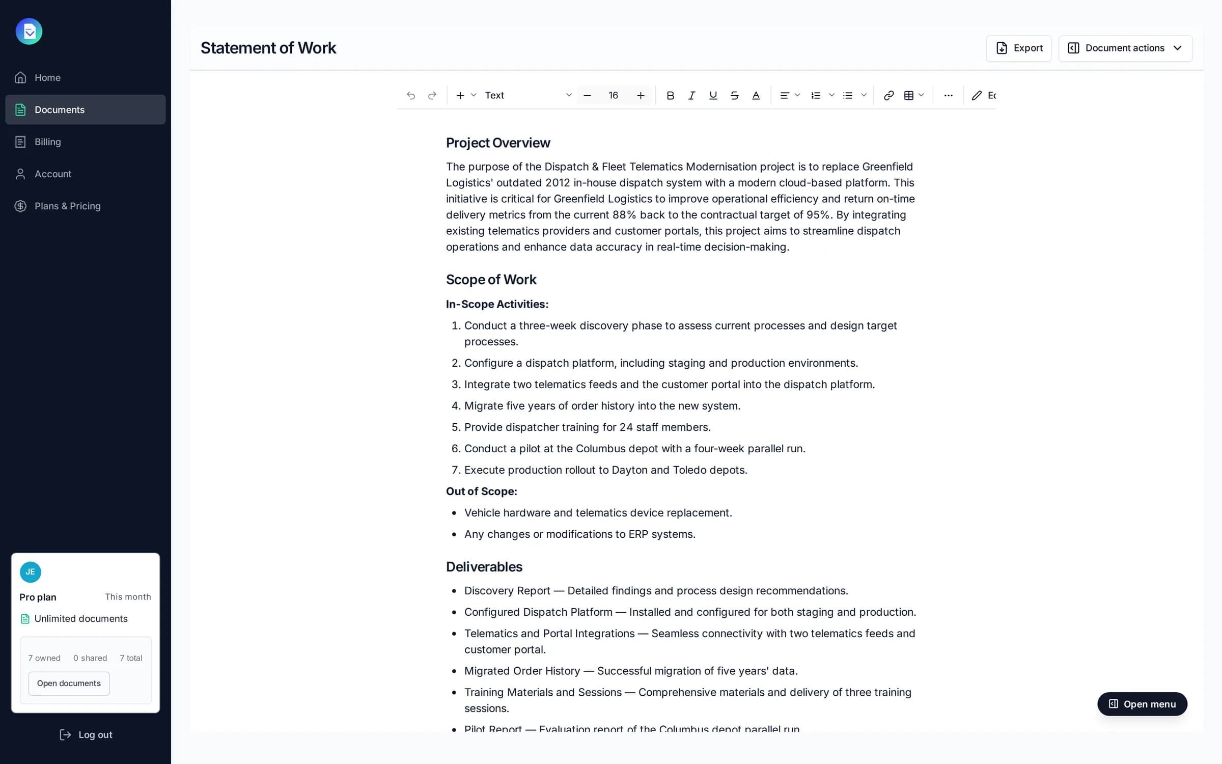 A statement of work for Greenfield Logistics' dispatch modernisation, drafted by PropellaDocs and open in the editor